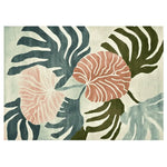 Top view of the Tropical Echo Drift Hand Tufted Area Rug, featuring an abstract design with bold leaf patterns in shades of green, pink, and blue. This contemporary rug is perfect for adding a touch of nature-inspired elegance to living room spaces, available in an 8x10 size. Made from high-quality wool, this rug offers a blend of style and comfort.