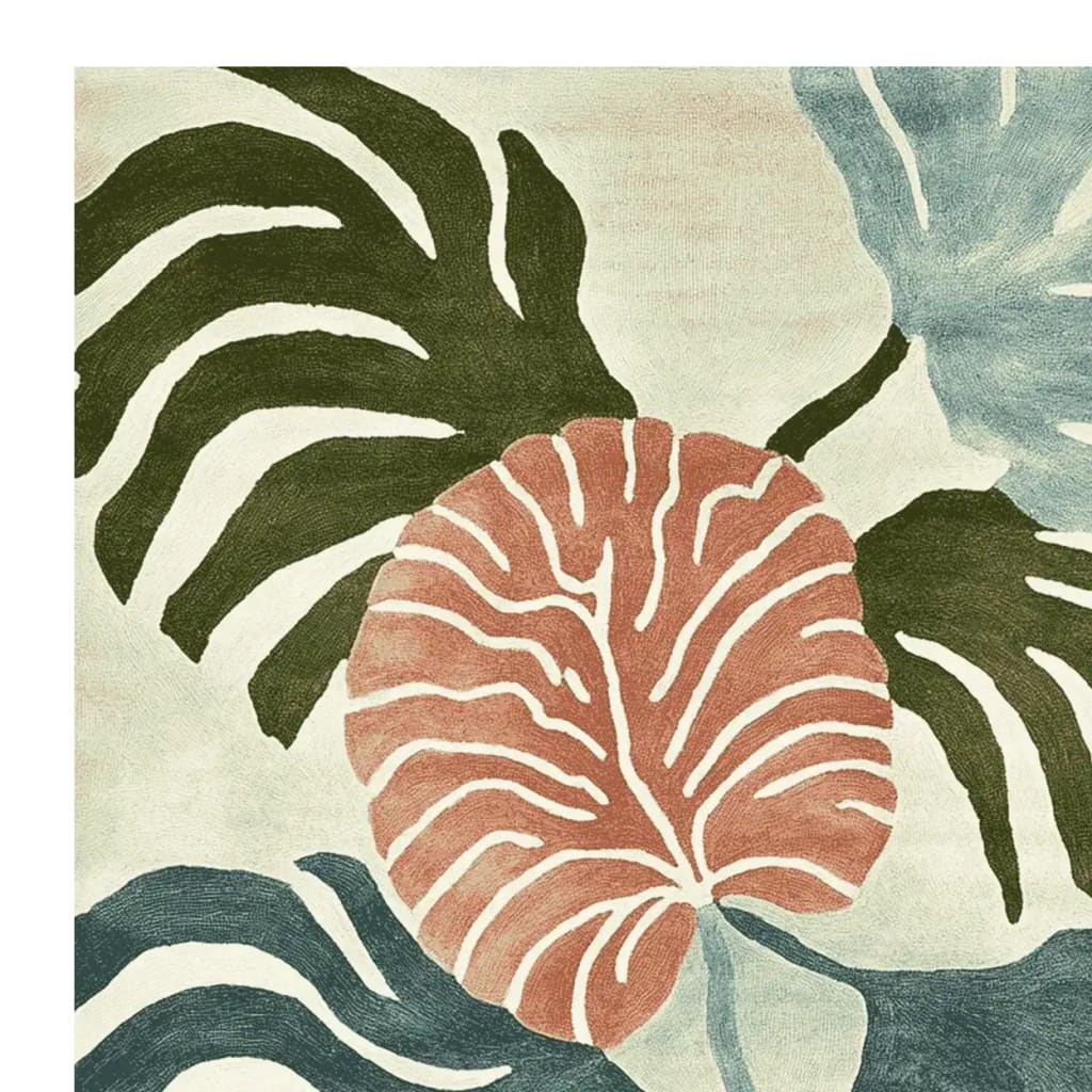 Vibrant close-up of the Tropical Echo Drift Hand Tufted Area Rug, showcasing a dynamic abstract design with bold leaf patterns in green, orange, and blue. Perfect for contemporary living rooms, this 8x10 wool rug adds a modern touch to any space.