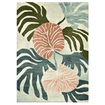 Beautiful hand-tufted area rug featuring a tropical abstract design with lush green leaves and subtle pink accents, perfect for adding a contemporary touch to living room rugs 8x10. Made from high-quality wool, this elegant wool rug combines style and comfort effortlessly.