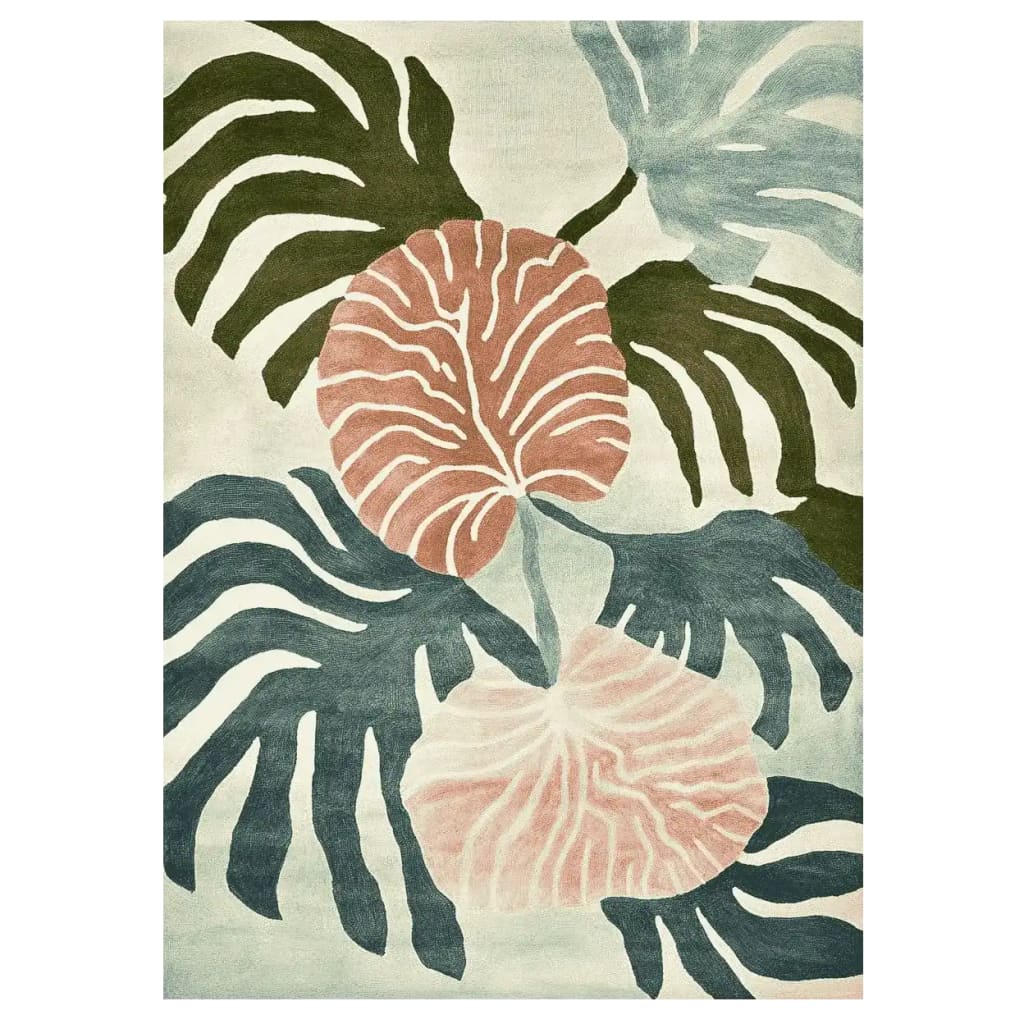Beautiful hand-tufted area rug featuring a tropical abstract design with lush green leaves and subtle pink accents, perfect for adding a contemporary touch to living room rugs 8x10. Made from high-quality wool, this elegant wool rug combines style and comfort effortlessly.