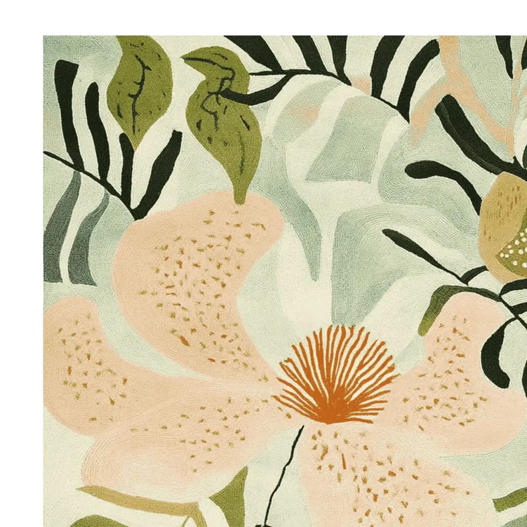 Close-up view of the Tropical Garden Whispers Hand Tufted Rug showcasing an abstract floral design with pastel pink and green hues. This contemporary wool area rug is perfect for large living rooms, adding a touch of nature-inspired elegance.