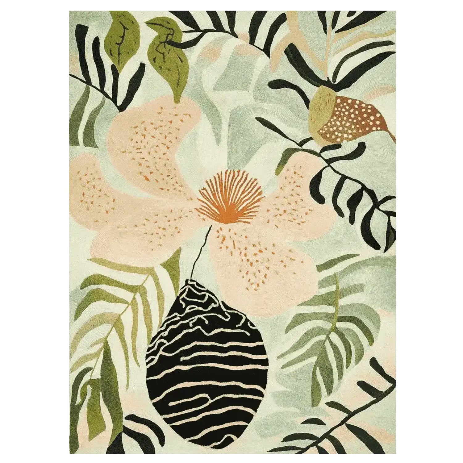 Decorative outdoor rug with leaf patterns on a wooden deck with plants and furniture.