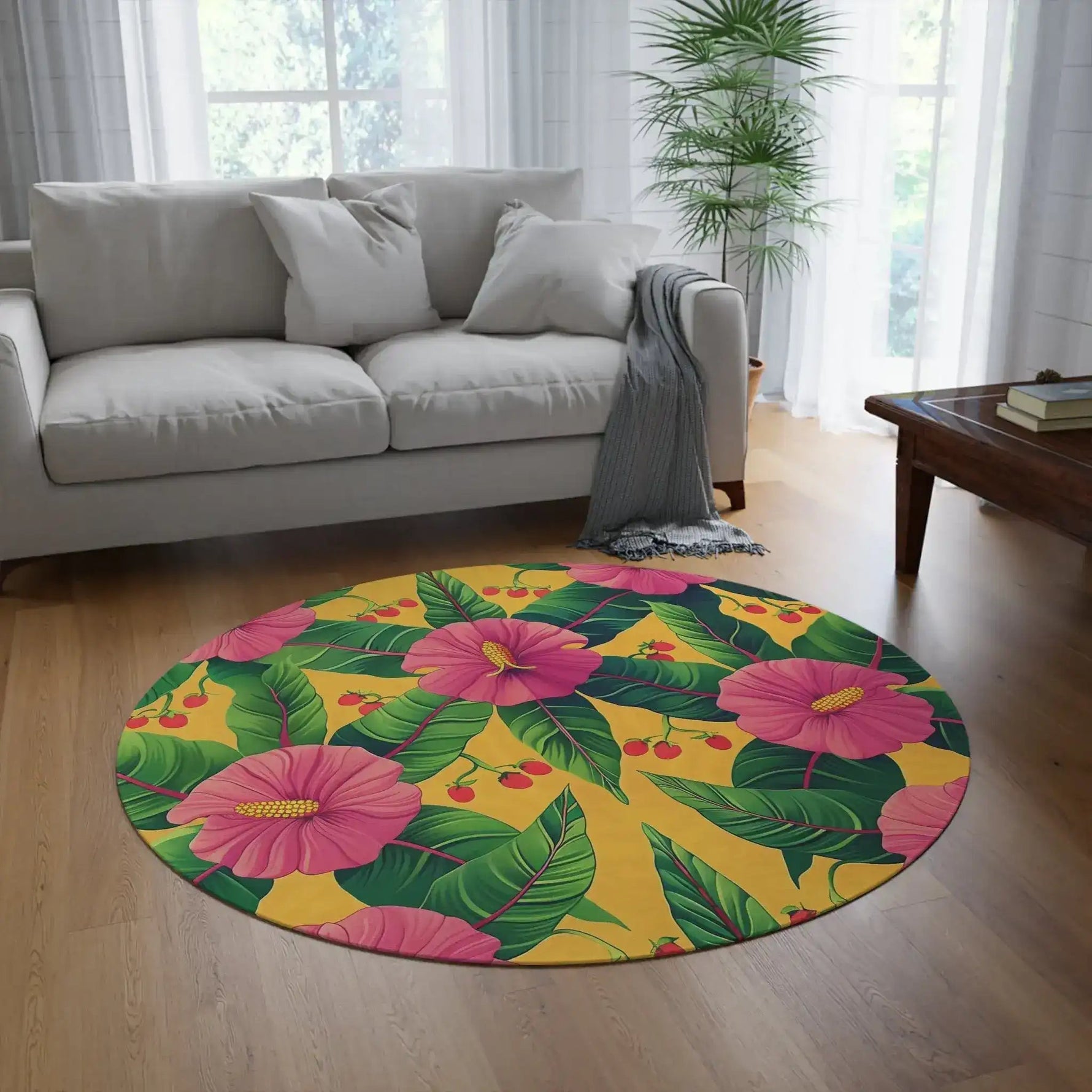 tropical hibiscus floral round rug in white living room with sofa