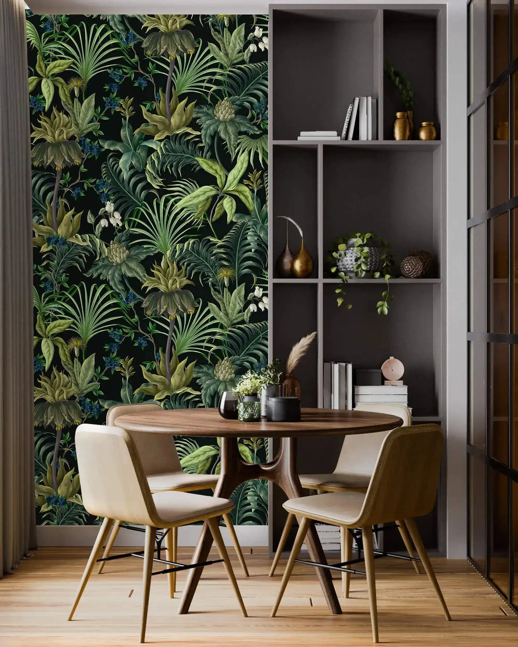 Tropical jungle canopy wallpaper in dining nook with round wood table, cream chairs and gray shelves