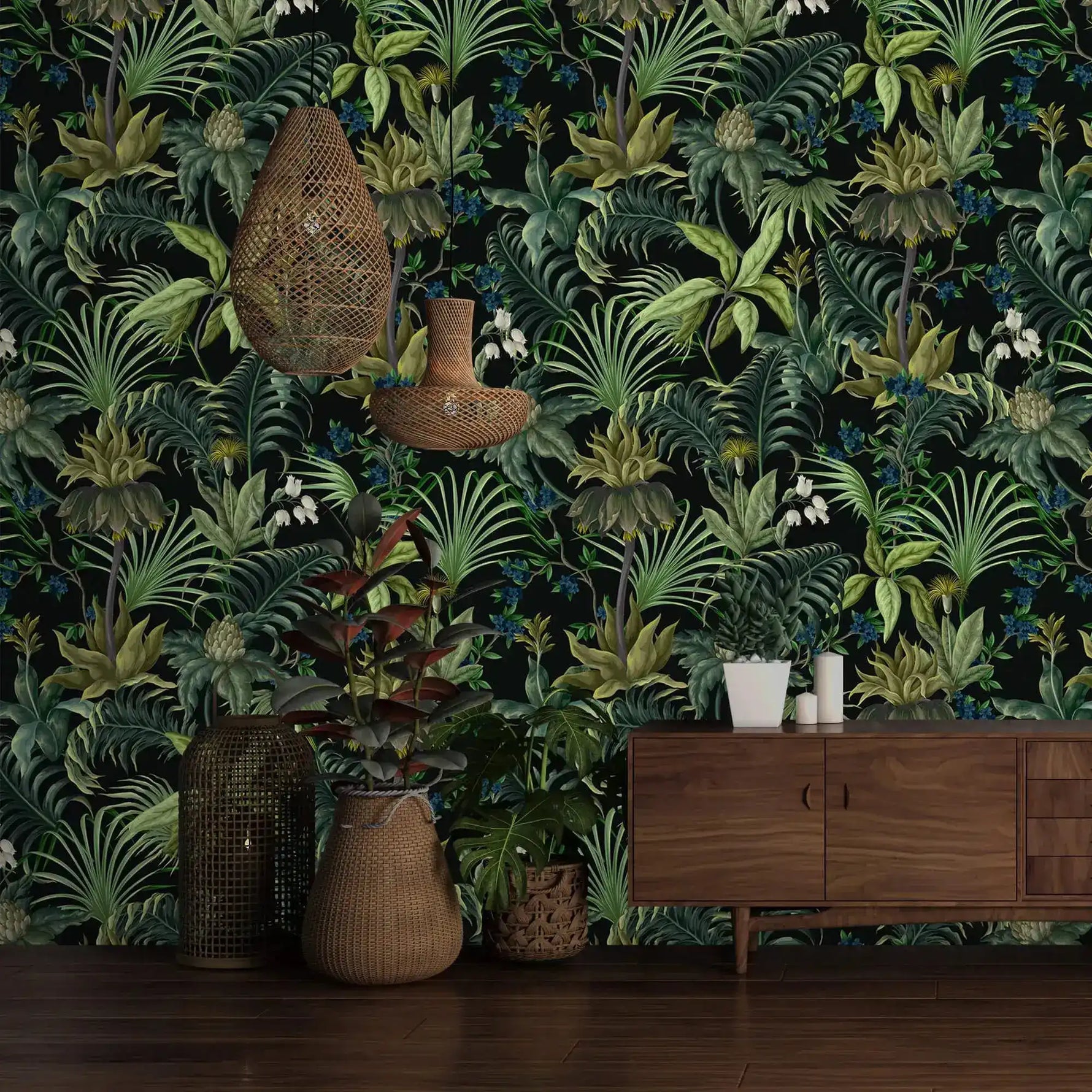 Tropical jungle canopy wallpaper, lush green ferns and palms on dark ground with rattan baskets and sideboard