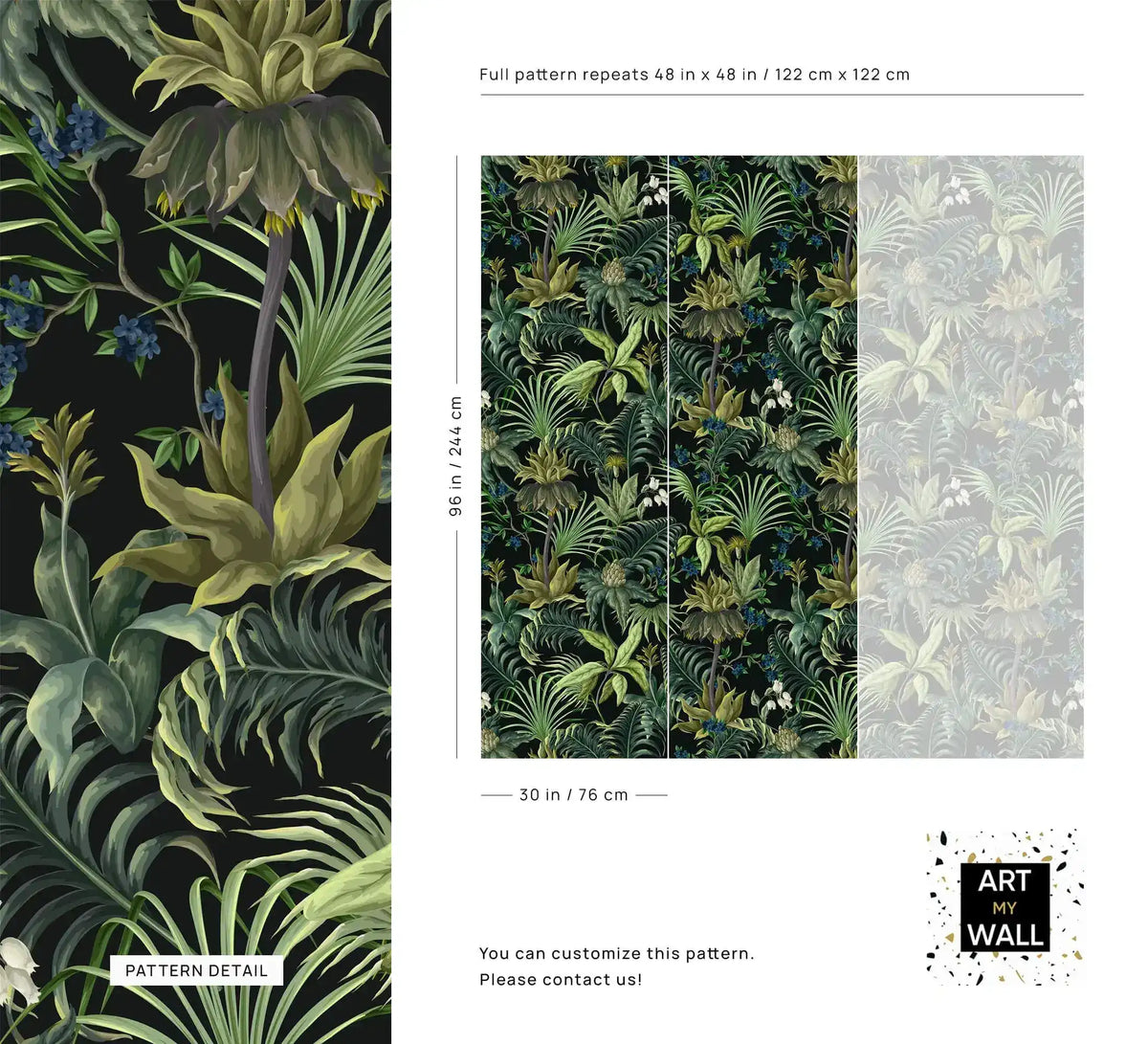 Tropical jungle canopy wallpaper spec sheet with leaf pattern detail and panel repeat dimensions