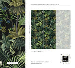 Tropical jungle canopy wallpaper spec sheet with leaf pattern detail and panel repeat dimensions