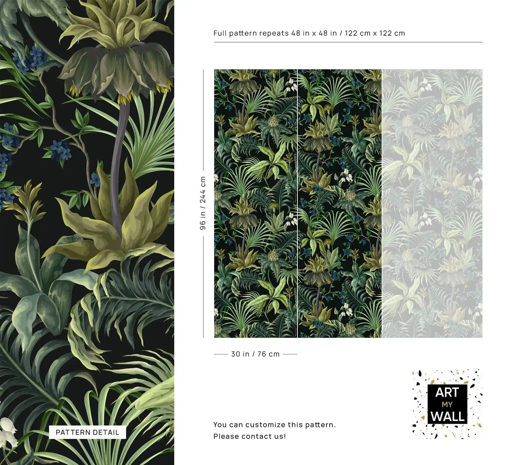 Tropical jungle canopy wallpaper spec sheet with leaf pattern detail and panel repeat dimensions