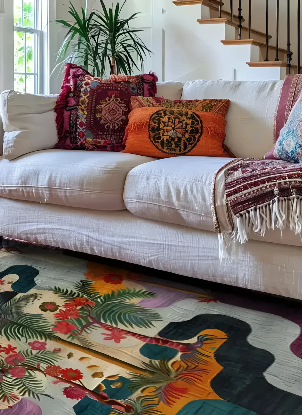 A vibrant Tropical Oasis Hand Tufted Area Rug in a living room setting. The wool rug features a colorful abstract design with tropical plant motifs, complementing the cozy white sofa adorned with decorative pillows. Ideal as a square area rug for living rooms, this 8x10 rug enhances the space with its exotic flair.