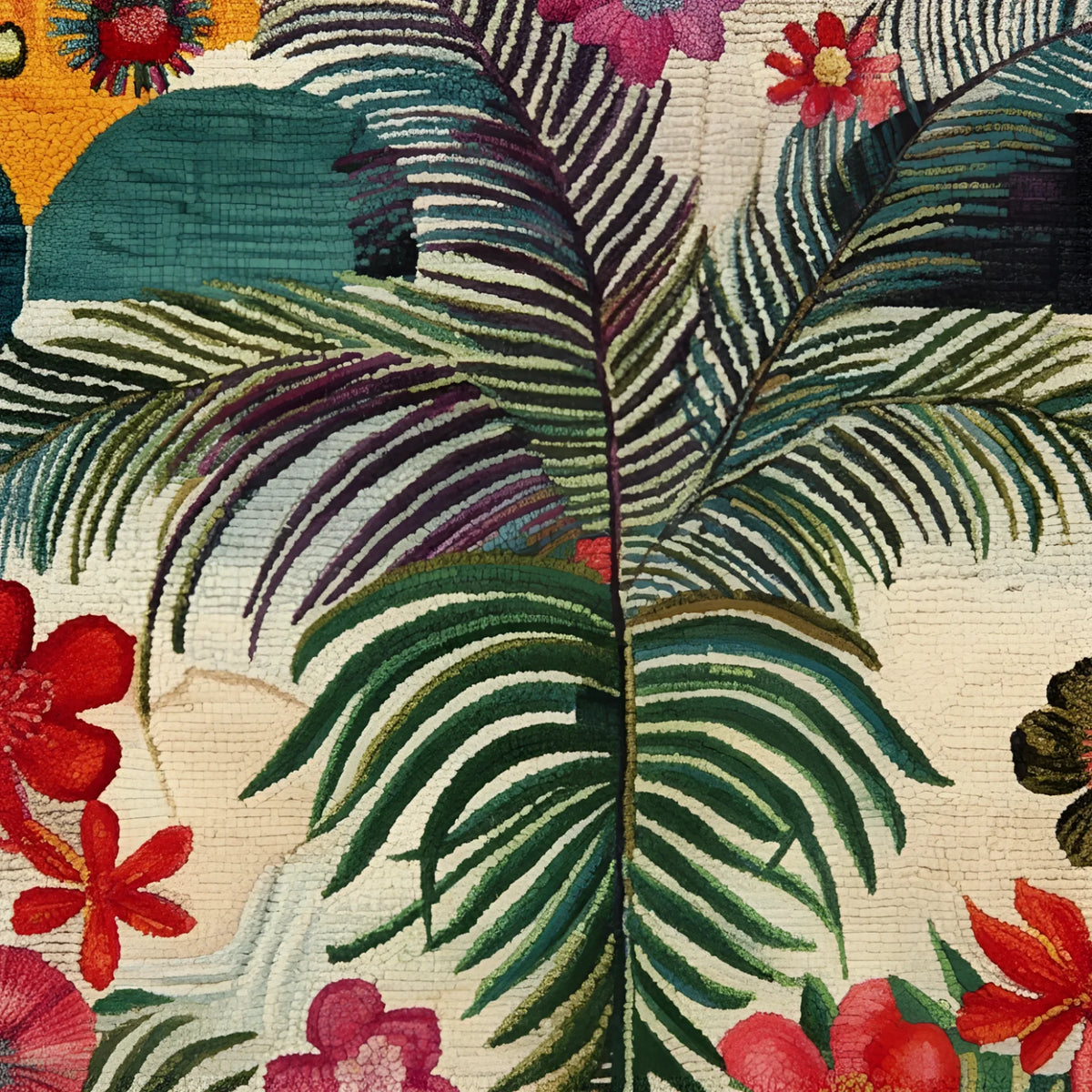 Close-up of a colorful rug with tropical leaf and flower pattern