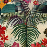 Close-up of a colorful rug with tropical leaf and flower pattern