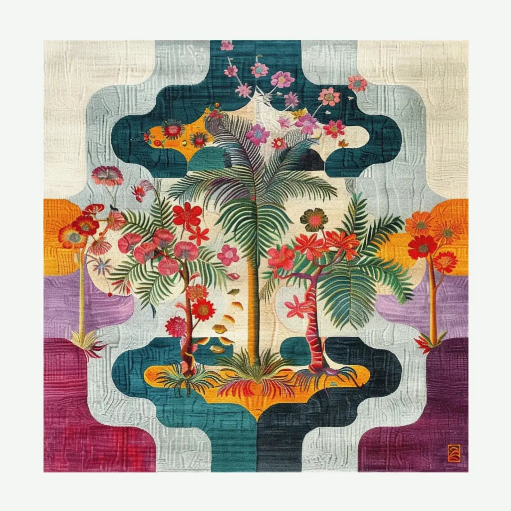A vibrant Tropical Oasis Hand Tufted Area Rug featuring an abstract design with lush green palm trees and colorful flowers. This wool rug is perfect for adding a touch of nature to your living room. Its square shape makes it ideal as an 8x10 area rug, bringing life and color to any living space.