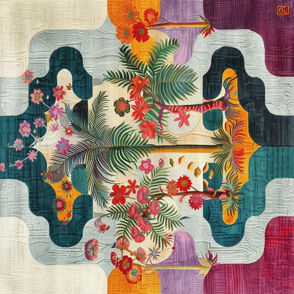 Top view of a Tropical Oasis Hand Tufted Rug featuring a vibrant mix of colorful flowers and abstract patterns. This area rug, made from high-quality wool, is perfect for adding a splash of color to your living room. Ideal as a square rug or for living room spaces in need of an 8x10 area rug.