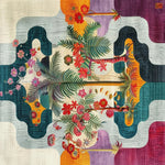 Top view of a Tropical Oasis Hand Tufted Rug featuring a vibrant mix of colorful flowers and abstract patterns. This area rug, made from high-quality wool, is perfect for adding a splash of color to your living room. Ideal as a square rug or for living room spaces in need of an 8x10 area rug.