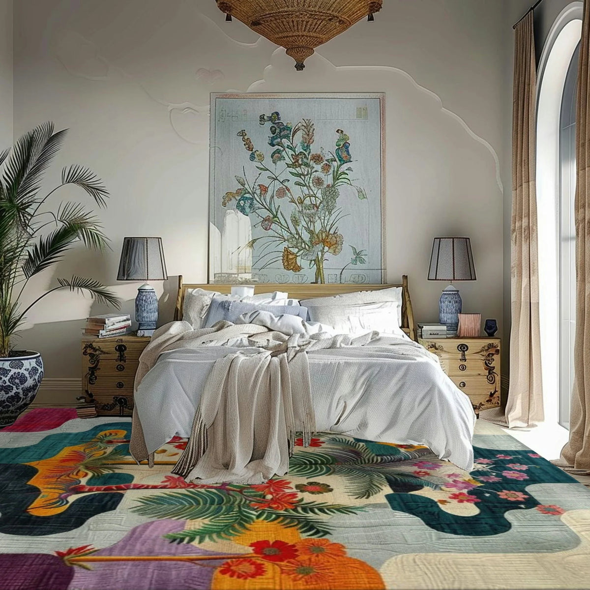 Tropical Oasis rug with vivid flowers, ferns and birds under a bed in a serene neutral bedroom