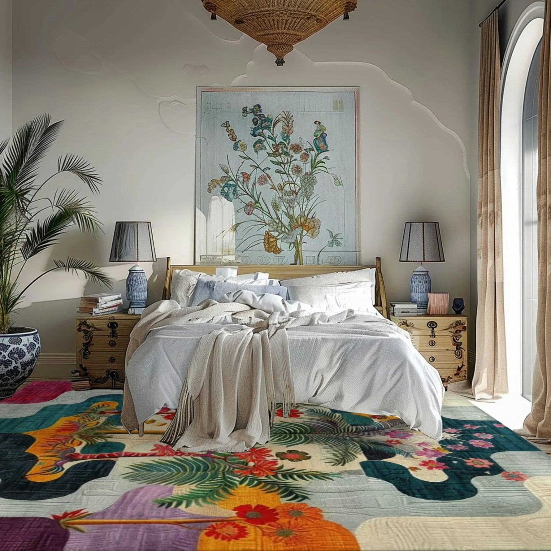 Tropical Oasis rug with vivid flowers, ferns and birds under a bed in a serene neutral bedroom