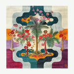 A vibrant Tropical Oasis Hand Tufted Area Rug featuring an abstract design with lush green palm trees and colorful flowers. This wool rug is perfect for adding a touch of nature to your living room. Its square shape makes it ideal as an 8x10 area rug, bringing life and color to any living space.