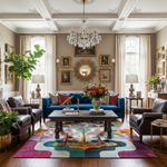 Luxurious living room with a blue sofa, colorful rug, and decorative elements.