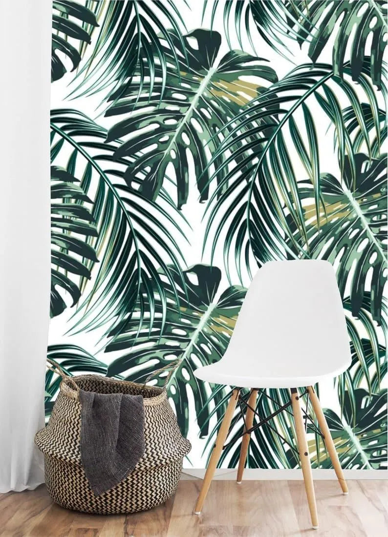 Tropical Oversized Monstera and Palm Leaves Wallpaper