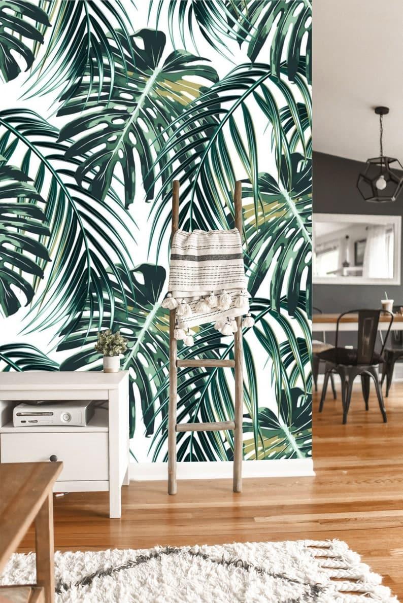 Tropical Oversized Monstera and Palm Leaves Wallpaper - MAIA HOMES