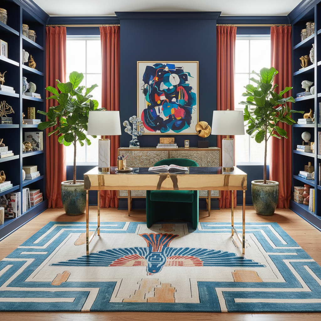 Decorative interior with a desk, colorful abstract painting, bird blue rug
 and plants in a room with blue walls and red curtains.