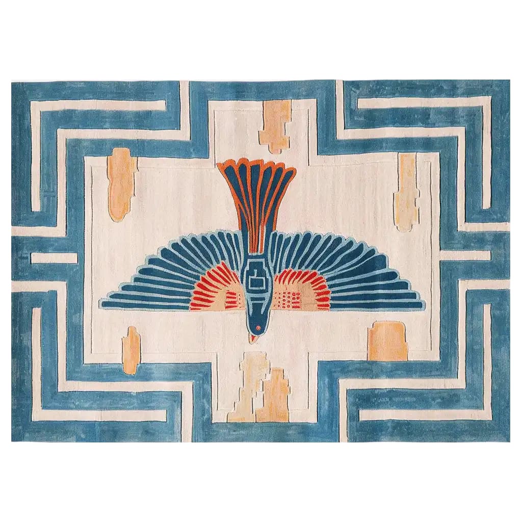 Tropical Phoenix Threshold Hand Tufted Wool Rug featuring a vibrant phoenix design in blue and orange hues. This 8x10 area rug is perfect for adding a touch of elegance to living room spaces. Made from high-quality wool, it offers both durability and style, making it an ideal choice for those searching for living room area rugs.