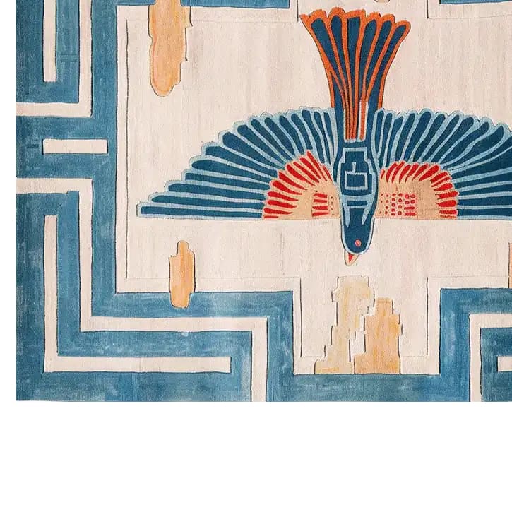 A vibrant and artistic area rug featuring a striking tropical phoenix design. This hand-tufted wool rug, perfect for living room area rugs, showcases bold blue, orange, and red hues with intricate patterns. Ideal for those seeking living room rugs 8x10, this wool rug adds a unique touch to any space.