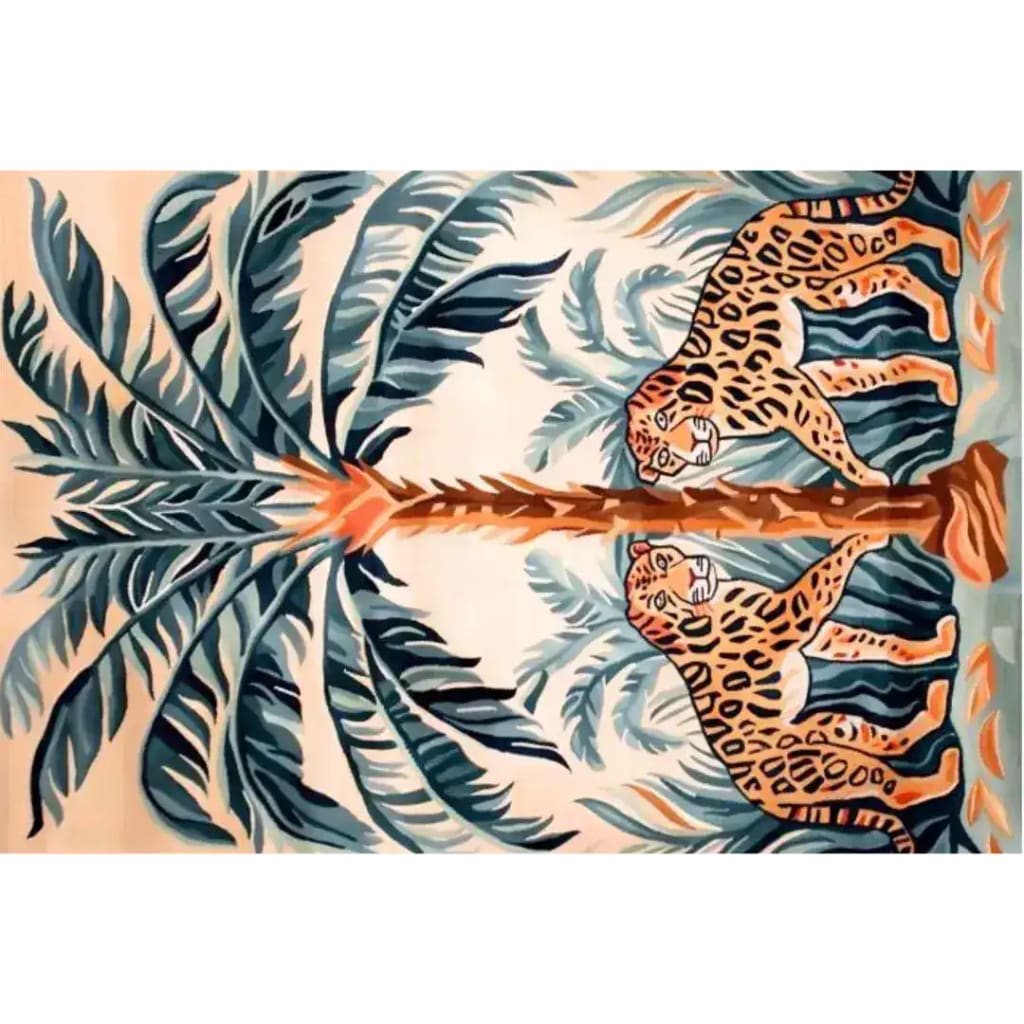 A vibrant Tropical Regal Hand Tufted Area Rug featuring an abstract design of two majestic leopards under lush palm leaves, perfect for adding a touch of boho style to your dining room or bedroom. This wool rug brings an exotic flair to any space, making it a standout piece among dining room area rugs and bedroom area rugs.