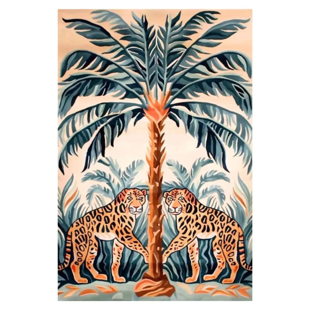 Vibrant Tropical Regal Hand Tufted Area Rug featuring two leopards and palm tree design, perfect for dining room or bedroom. This wool boho rug adds an exotic touch to any space, ideal as a dining room area rug or bedroom area rug.