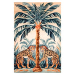 Vibrant Tropical Regal Hand Tufted Area Rug featuring two leopards and palm tree design, perfect for dining room or bedroom. This wool boho rug adds an exotic touch to any space, ideal as a dining room area rug or bedroom area rug.