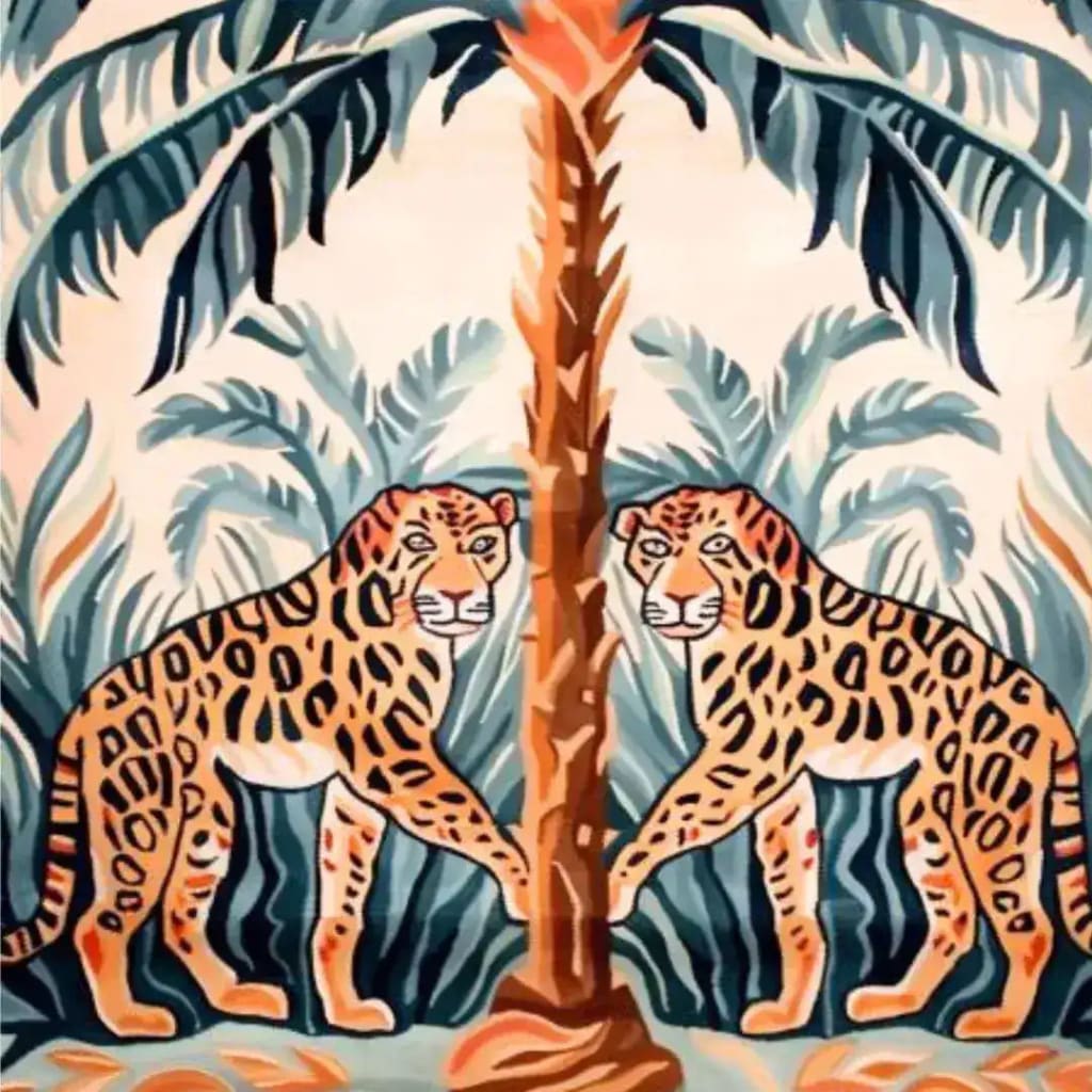 Vibrant hand-tufted area rug featuring an abstract design with two leopards and a tropical palm tree, perfect for adding a boho touch to your dining room or bedroom. This wool rug offers a unique aesthetic, ideal for those seeking stylish bedroom or dining room area rugs.