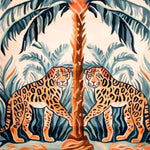 Vibrant hand-tufted area rug featuring an abstract design with two leopards and a tropical palm tree, perfect for adding a boho touch to your dining room or bedroom. This wool rug offers a unique aesthetic, ideal for those seeking stylish bedroom or dining room area rugs.