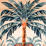 A vibrant area rug featuring a tropical design with a large palm tree and two tigers, perfect for adding a boho touch to dining room or bedroom settings. The wool rug showcases lush green leaves and warm colors, ideal for enhancing the decor of dining room area rugs or bedroom area rugs.