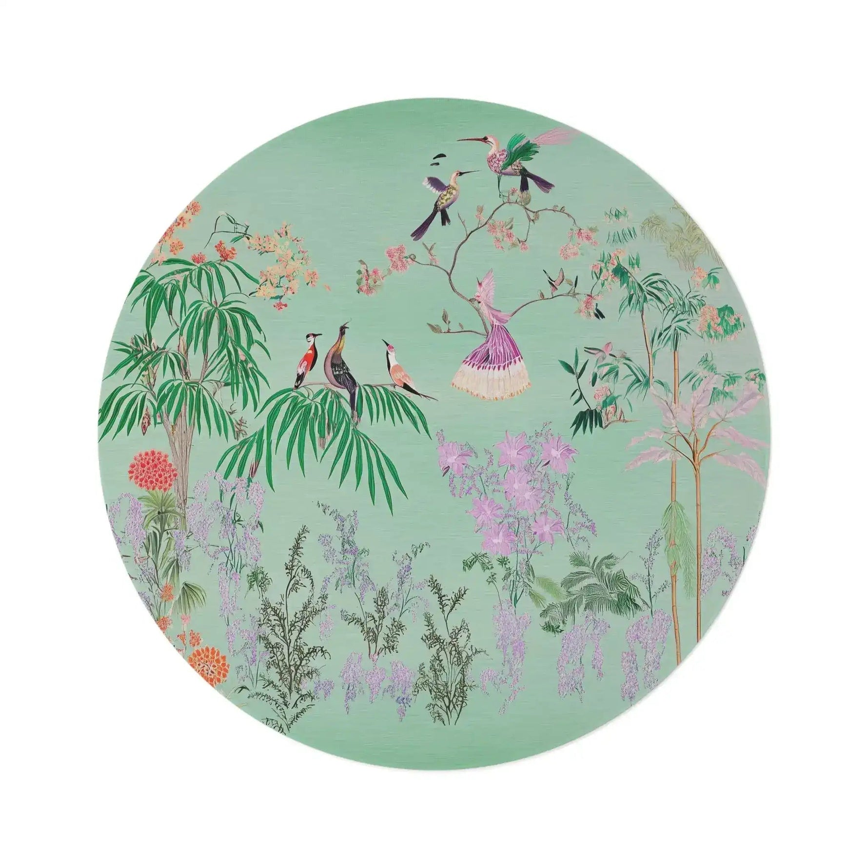 Round rug with floral and bird design on a light green background