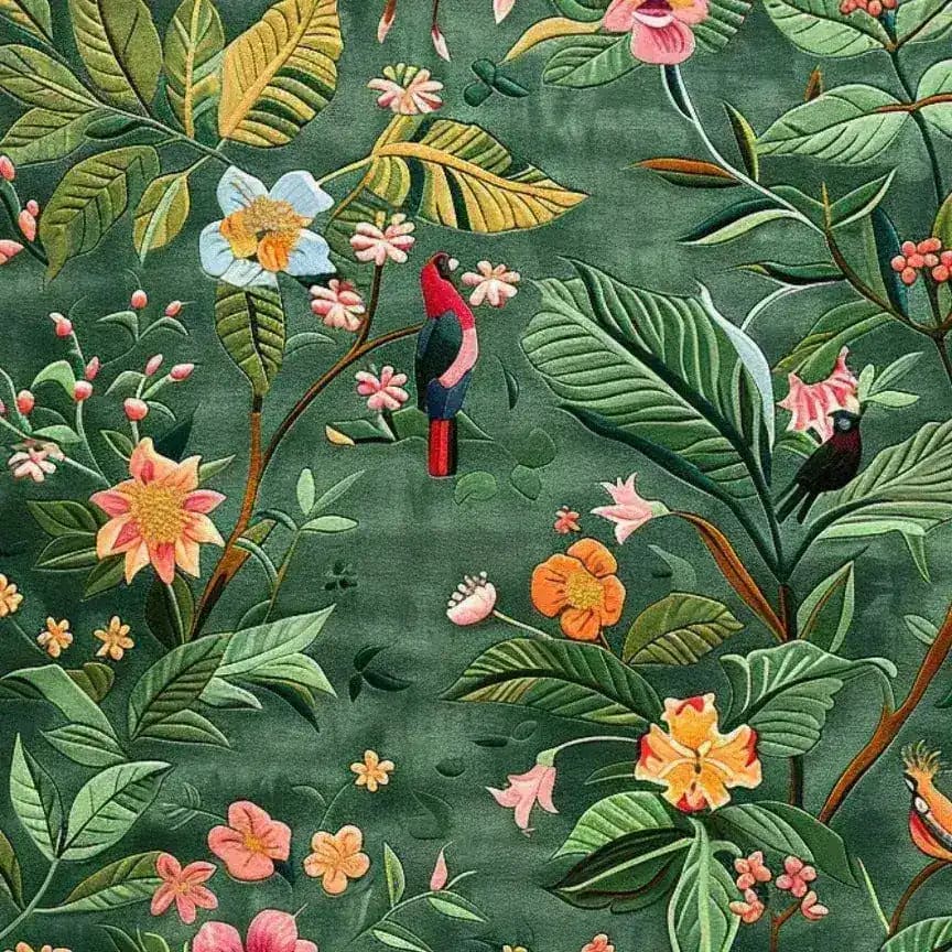 Beautiful Tropical Treasure Hand Tufted Wool Rug showcasing a vibrant floral pattern with lush green leaves and colorful birds, ideal for enhancing the elegance of a dining room. This large area rug serves as a perfect dining room carpet, adding a touch of nature to formal dining room settings.