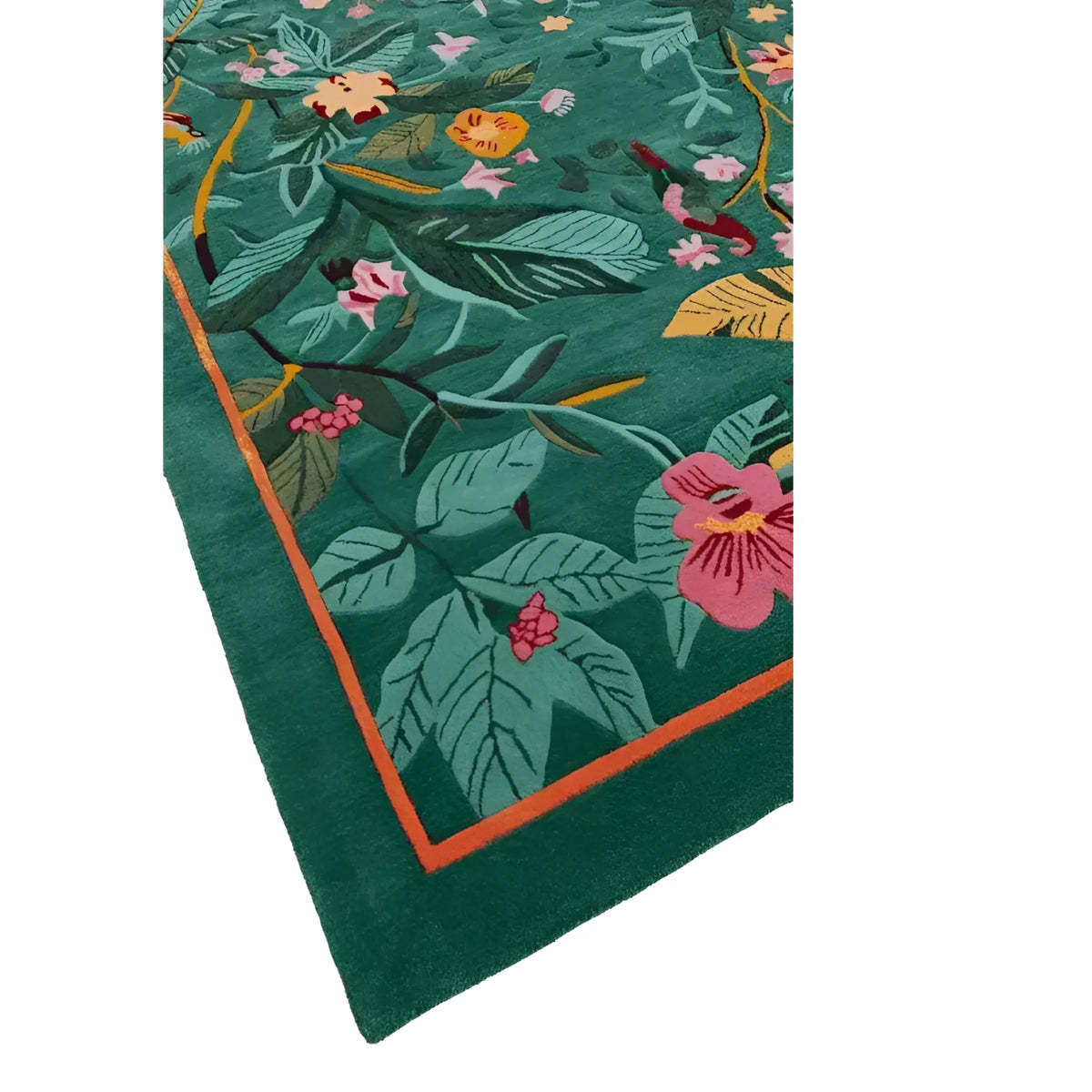 A vibrant Tropical Treasure hand-tufted wool rug, perfect for a large living room. This 4 x 6 ft area rug features a lush, colorful floral design with green leaves and pink flowers, ideal for adding a touch of nature to your living space.
