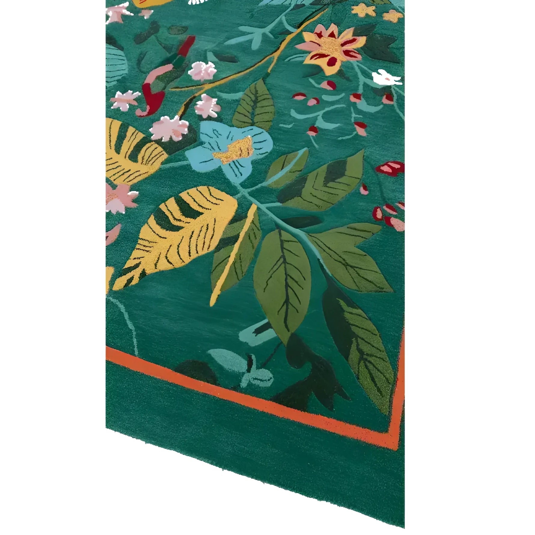 Close-up view of the Tropical Treasure Hand Tufted Wool Rug, showcasing a vibrant floral design. This 4 x 6 ft area rug, perfect for large living room spaces, features lush green tones with colorful floral patterns, making it an ideal wool rug for enhancing the aesthetic of any living room. The intricate details of this floral rug are highlighted in the image, offering a glimpse into its craftsmanship.