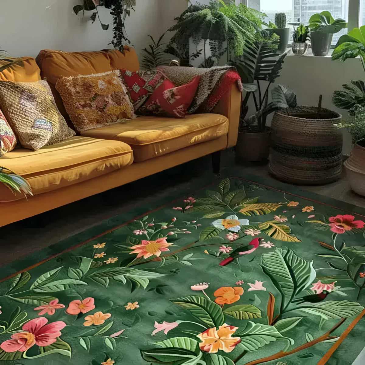 A vibrant and colorful area rug with a tropical floral design, adding warmth and style to a cozy living room setting. This hand-tufted wool rug features lush green foliage and vivid flowers, perfect for large living room spaces. The rug complements the mustard yellow sofa and surrounding indoor plants, creating a harmonious and inviting atmosphere.