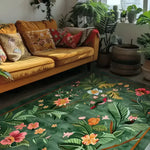 A vibrant and colorful area rug with a tropical floral design, adding warmth and style to a cozy living room setting. This hand-tufted wool rug features lush green foliage and vivid flowers, perfect for large living room spaces. The rug complements the mustard yellow sofa and surrounding indoor plants, creating a harmonious and inviting atmosphere.