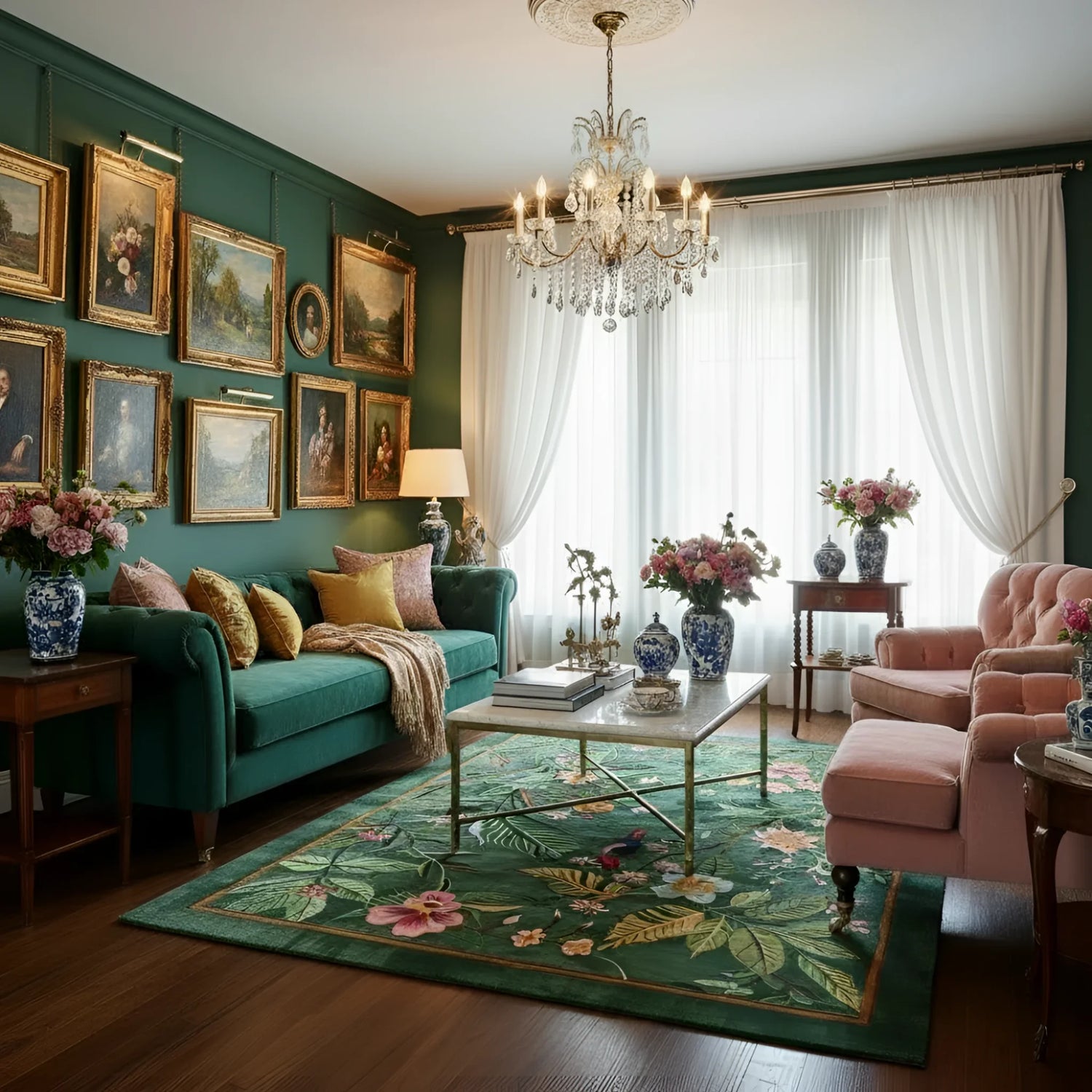 Luxurious living room with a green floral rug, teal sofa, pink armchair, and decorative elements.