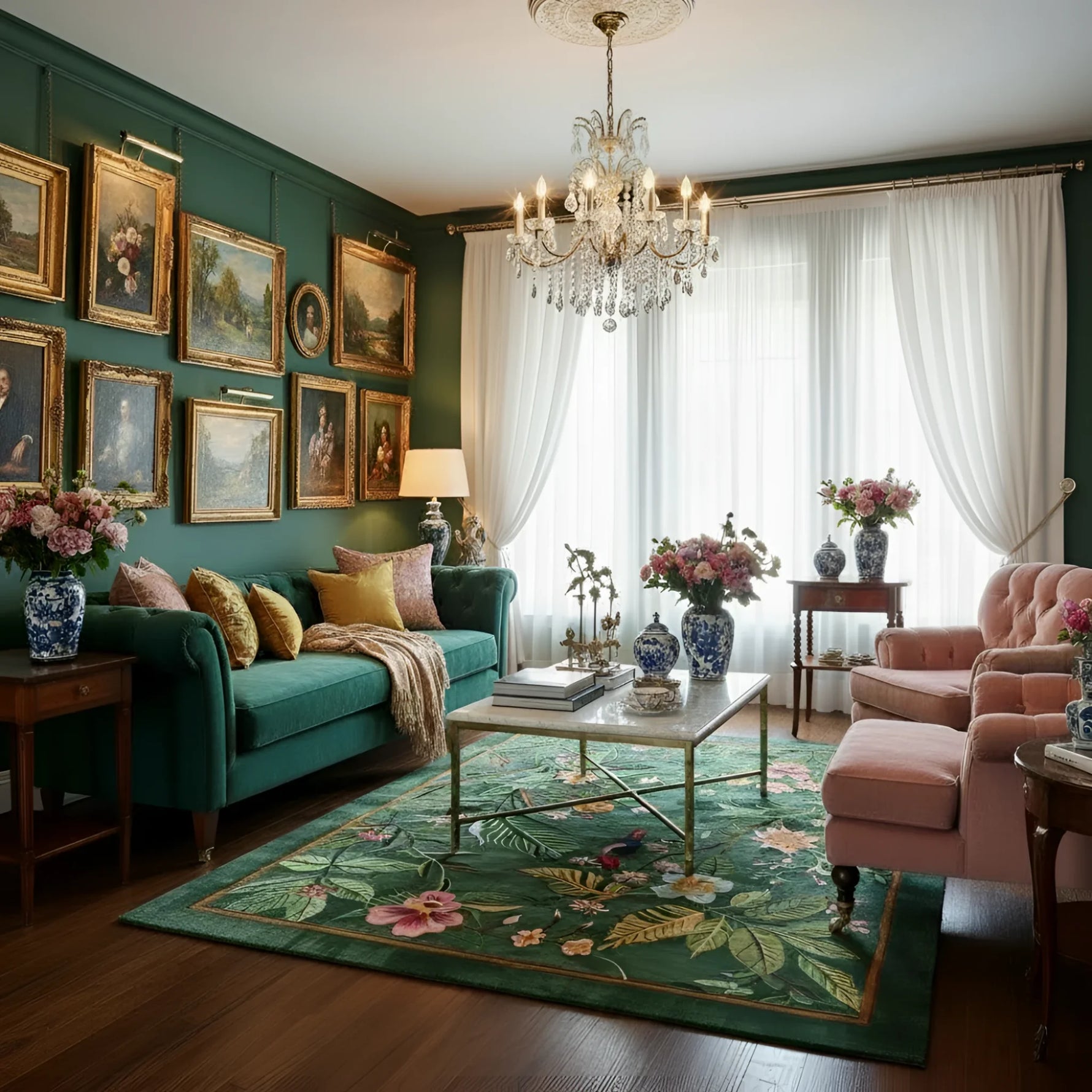 Luxurious living room with a green floral rug, teal sofa, pink armchair, and decorative elements.