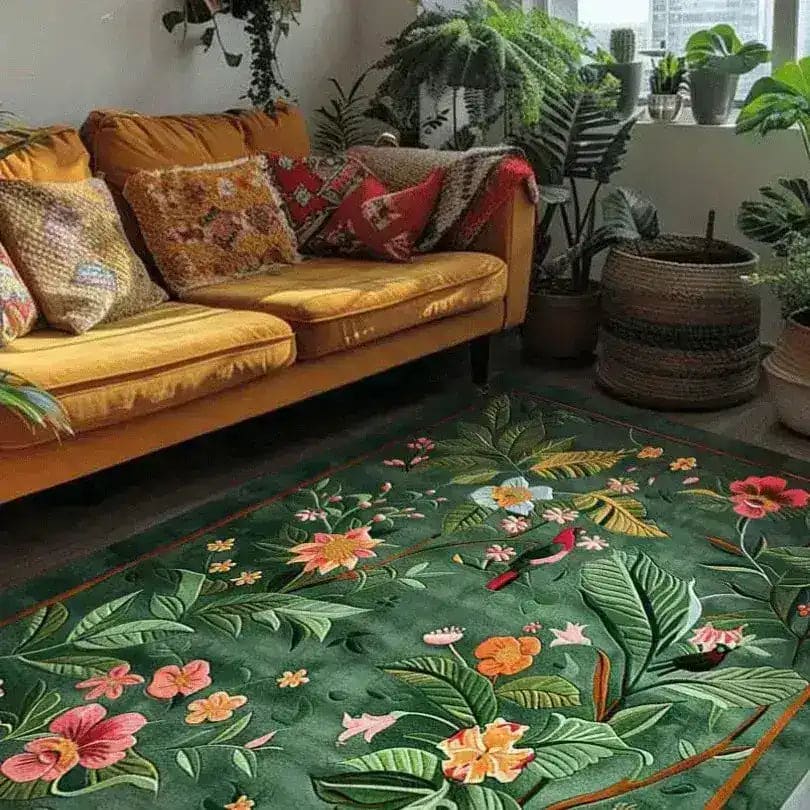 A vibrant and colorful area rug with a tropical floral design, adding warmth and style to a cozy living room setting. This hand-tufted wool rug features lush green foliage and vivid flowers, perfect for large living room spaces. The rug complements the mustard yellow sofa and surrounding indoor plants, creating a harmonious and inviting atmosphere.