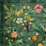 A vibrant area rug perfect for a dining room, showcasing a lush floral design with tropical leaves and colorful flowers. The wool rug features intricate details, making it an ideal choice for formal dining room settings. This large area rug adds a touch of elegance with its tropical theme, enhancing any dining room with its beautiful floral patterns.
