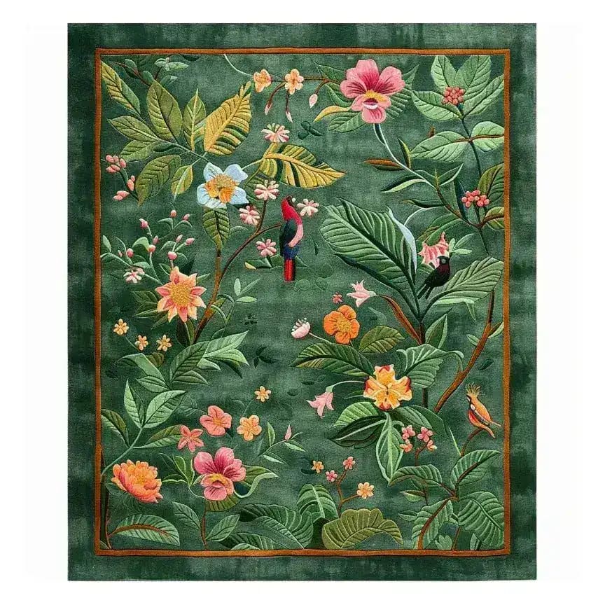 A vibrant Tropical Treasure Hand Tufted Wool Rug depicting lush floral designs and colorful birds on a green background. This large area rug is perfect for adding a touch of elegance to a dining room. Made from high-quality wool, it's an ideal choice for formal dining room settings, providing a warm and inviting atmosphere.