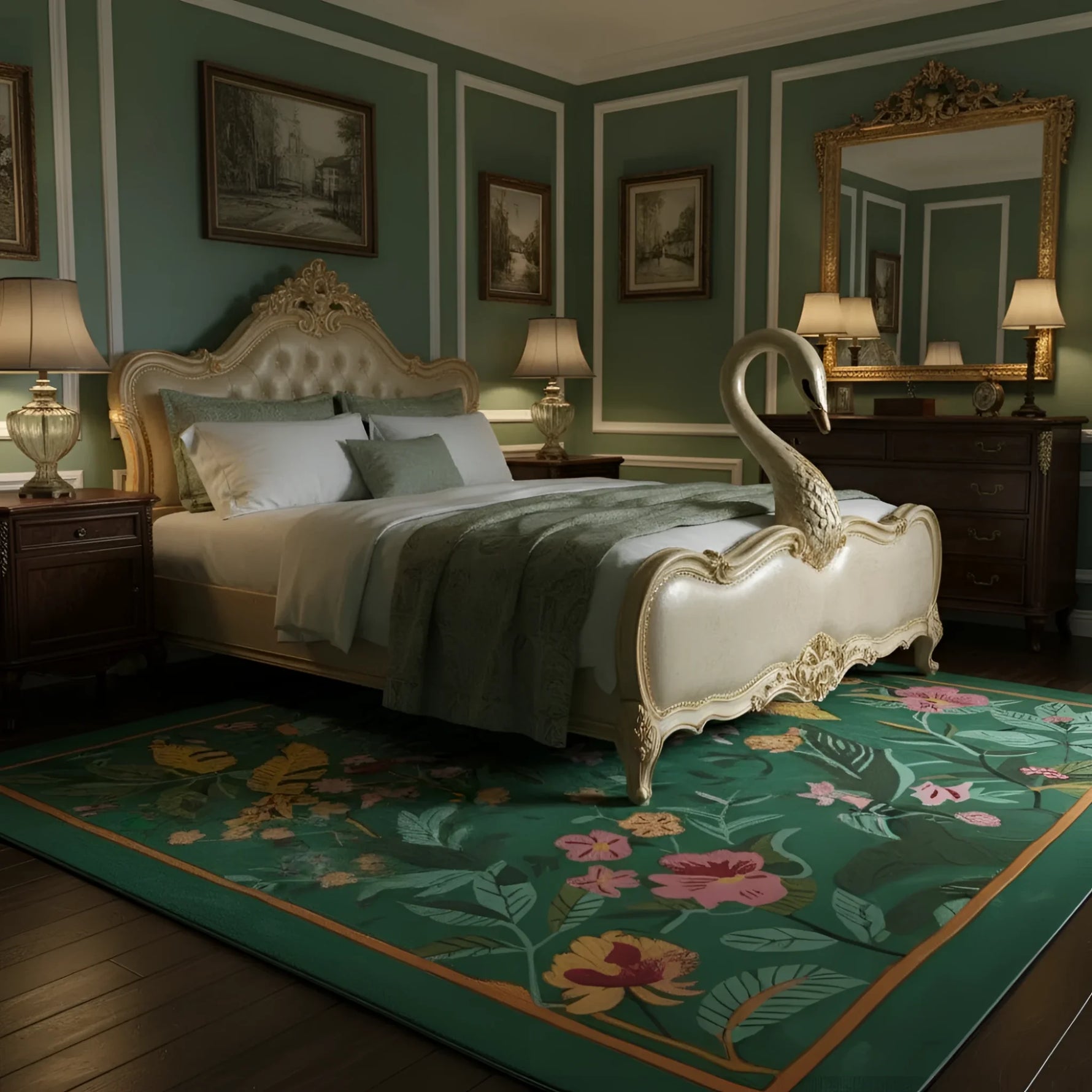 Tropical Treasure wool rug in deep green with pink and coral tropical florals, gold border, in-room bedroom view