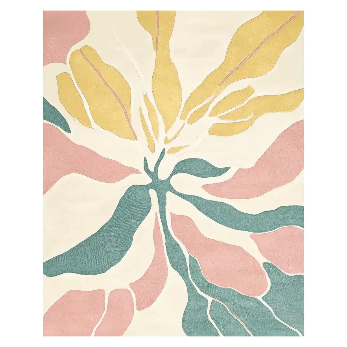 A vibrant, contemporary area rug featuring an abstract design with soft pastel colors including yellow, pink, and teal on a cream background. Perfect for adding a touch of modern elegance to large living rooms, this wool rug offers a unique blend of style and comfort, ideal for those seeking stylish area rugs for living room spaces.