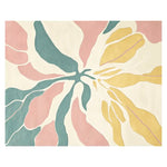 Vibrant area rug featuring a contemporary abstract design in pastel shades of pink, teal, and yellow. Perfect for large living room spaces, this wool rug adds a splash of color and modern flair.