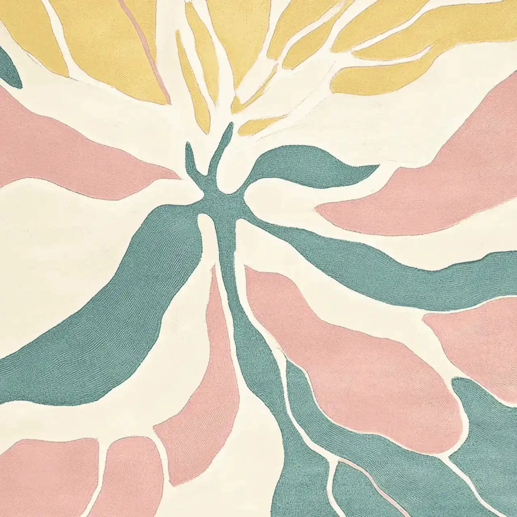 This image showcases a beautiful area rug with a contemporary abstract design in soft pastel colors, including pink, teal, and yellow. The hand-tufted wool rug is perfect for adding a touch of modern elegance to large living rooms.