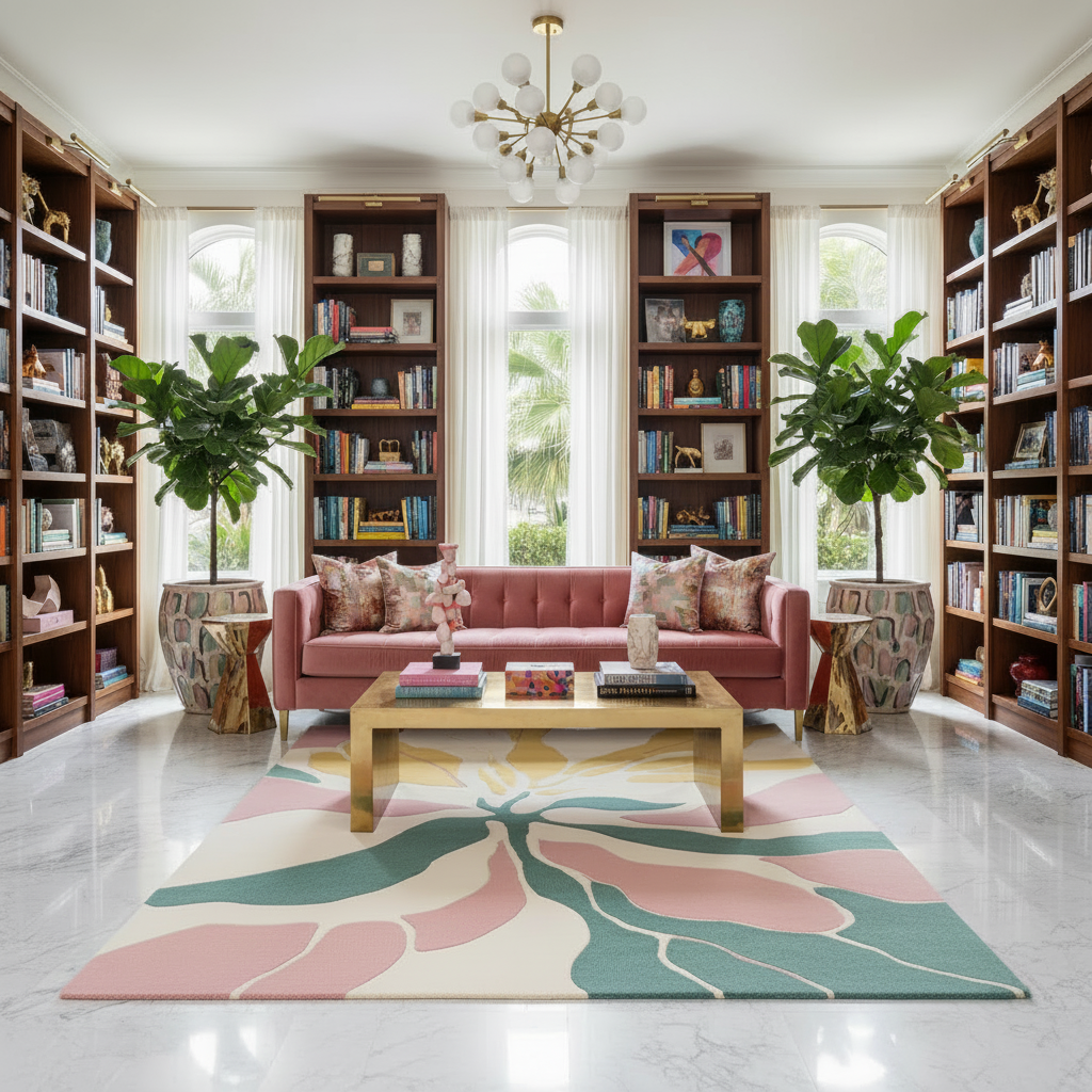 Living room with pink sofa, bookshelves, and a colorful rug.