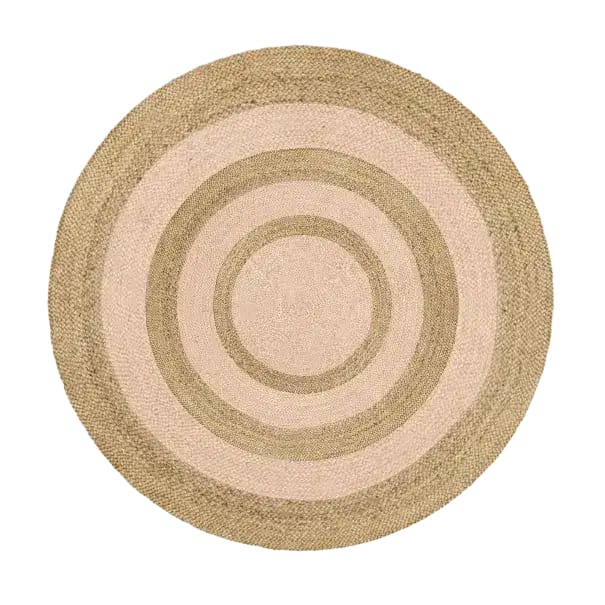 A stylish Tulila Jute Round Rug, perfect for enhancing your dining room or living room decor. This area rug features natural jute fibers in concentric circles, ideal for adding warmth to living room area rugs or dining spaces.